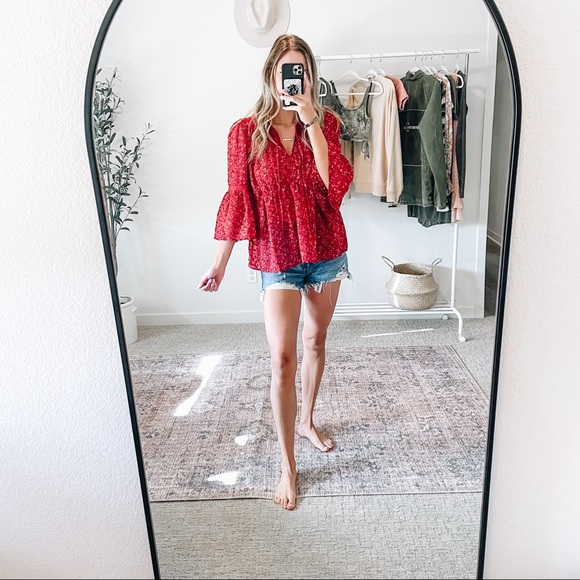 LUCKY BRAND Red Floral Chiffon BOHO Top - Picture 3 of 12